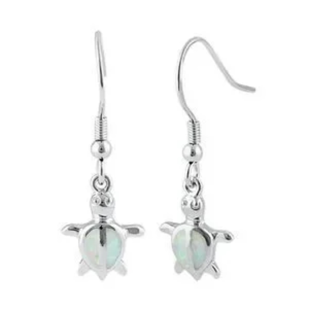 New Sterling Silver White Lab Opal Sea Turtle Hook Dangle Earrings